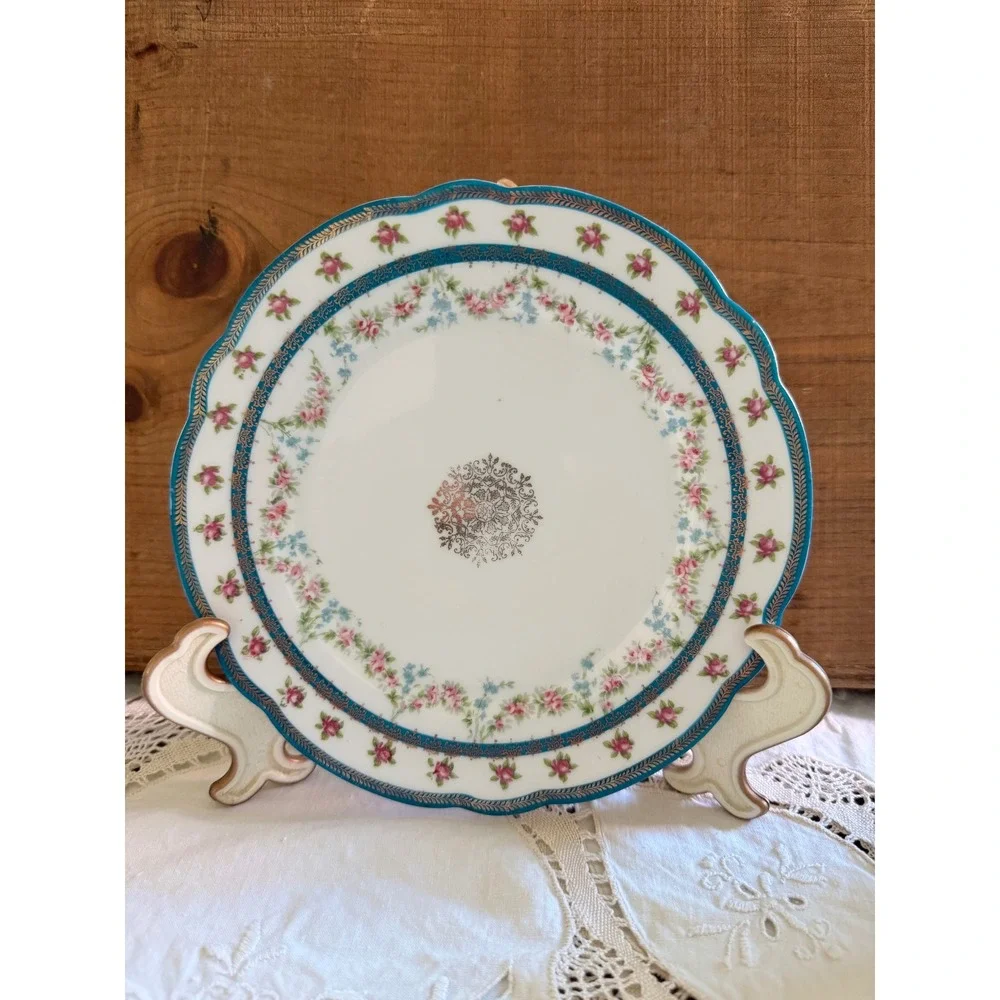 Antique Austria Porcelain Salad Plate Pink Rose Teal Gold Filigree Scalloped